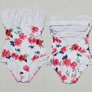 VERONA Playa White Ruffle Hip Floral Backless Strappy Back Strapless Swimsuit S